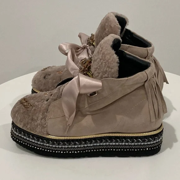 Luxurious Embellished Tan Fur & Suede Platform Boots Silk Laces Women's 8.5 - Picture 6 of 16